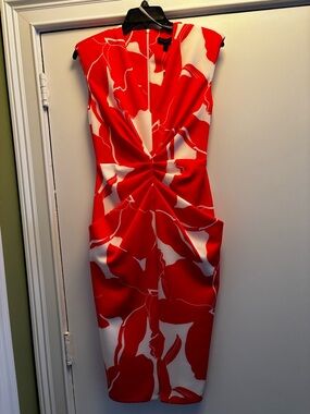 Size2 Donna Karan Orange- Red and White Floral Midi Dress NWT